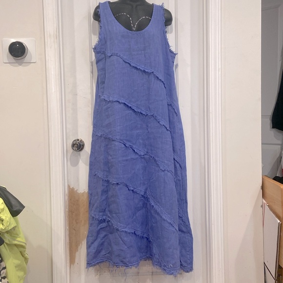 Pure Linen Italian blue Diagonal Raw Edge Linen Dress - Picture 3 of 9